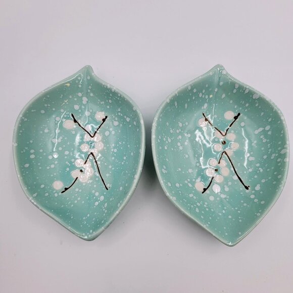 Japanese Teal Leaf Saucer Sauce Trinket Dish Floral Speckled Dipping Candy Foot - Picture 1 of 9